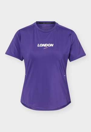 Purple short-sleeve athletic shirt with "LONDON" and a small blue-pink Nike swoosh logo on the front center.