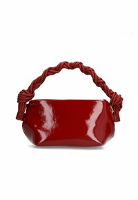 Red patent leather handbag with a braided red handle, featuring a glossy finish and a rounded shape for a compact design.