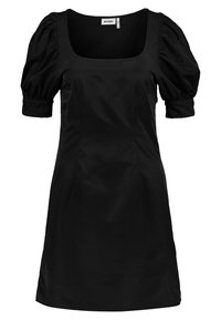Czarna sukienka z krótkim rękawem i kwadratowym dekoltem, wykonana z gładkiego materiału. Posiada bufiaste rękawy oraz dopasowaną sylwetkę, co nadaje jej strukturalny wygląd.