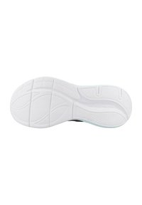 Suela de goma blanca con patrón de agarre texturizado, que presenta un diseño de olas y un logo. Superficie lisa con ligera transparencia cerca de los bordes.