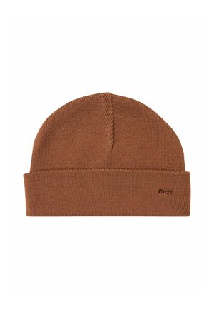 Braune gestrickte Mütze mit umgeschlagenem Rand und dezent kleinem Logo am Rand, auf weißem Hintergrund gezeigt.