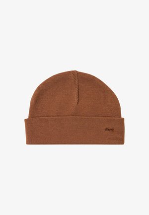 Braune gestrickte Mütze mit umgeschlagenem Rand und dezent kleinem Logo am Rand, auf weißem Hintergrund gezeigt.