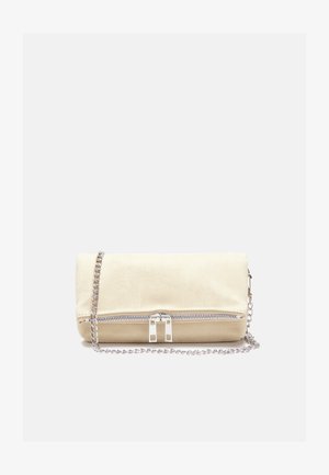 Beige suede clutch with a silver chain strap, featuring a zip closure and dual silver hardware accents. Smooth texture with a minimalist design.