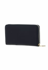 Portafoglio in pelle blu navy con una texture liscia, chiusura a zip e dettagli in metallo color oro. Forma rettangolare sottile, design minimal.