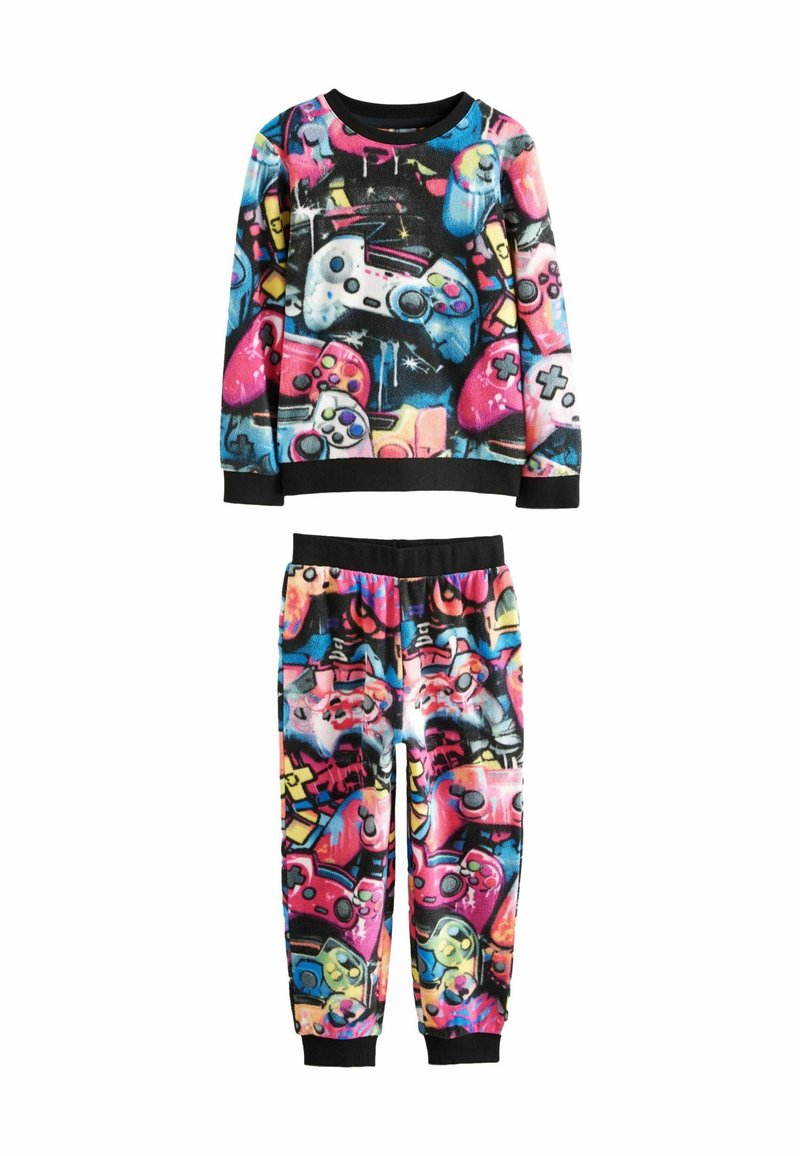 Fleece-Pyjamaset mit einem mehrfarbigen Grafikdesign von Videospielcontrollern; schwarze Akzente an den Bündchen und am Taillenbund.
