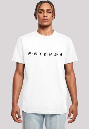 White cotton t-shirt featuring the word "FRIENDS" in a stylized font with colored dots between letters, short sleeves, and standard fit.