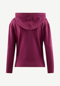 Paarse hoodie met lange mouwen, gemaakt van zachte stof. Kenmerkt zich door een gladde textuur en een eenvoudig, minimalistich ontwerp.