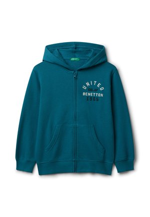Türafarbene Zip-Hoodie mit einer Fronttasche, ausgestattet mit dem Druck "UNITED COL. OF BENETTON 1965" auf der Brust in kontrastierenden Farben. Weicher Baumwollmischgewebe.