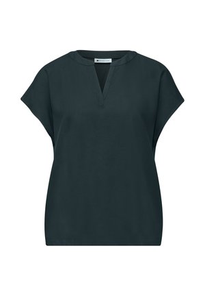 Blouse noire à manches courtes avec col en V et coupe décontractée, en tissu lisse, marque Street One.