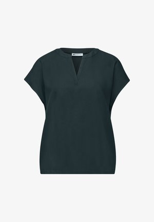 Blouse noire à manches courtes avec col en V et coupe décontractée, en tissu lisse, marque Street One.