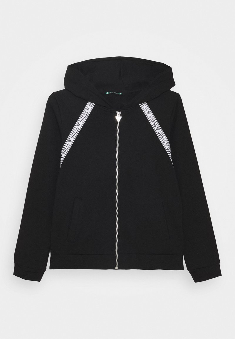 Sudadera con cremallera negra hecha de tela suave, con una cremallera en el frente, dos bolsillos laterales y correas decorativas blancas con acentos de logotipo.