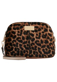 Torebka crossbody w panterkowy wzór o miękkiej, pluszowej fakturze, z metalowymi akcentami w kolorze złotym oraz odczepianym paskiem. O zaokrąglonym kształcie z zapięciem na zamek.