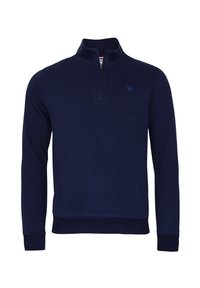 Marineblauwe quarter-zip sweatshirt van zacht materiaal. Kenmerkt een ribgebreide zoom en manchetten, met een klein geborduurd logo op de borst.
