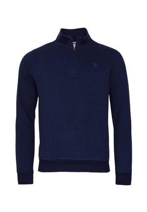 Marineblauwe quarter-zip sweatshirt van zacht materiaal. Kenmerkt een ribgebreide zoom en manchetten, met een klein geborduurd logo op de borst.