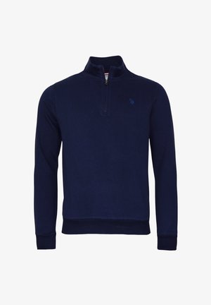 Felpa blu navy con zip a un quarto realizzata in tessuto morbido. Presenta un orlo e polsini a coste, con un piccolo logo ricamato sul petto.