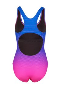 Badpak met een blauw-roze gradient ontwerp, uitgerust met een sportieve snit, stippenpatronen, een open rug en contrasterende zwarte accenten.
