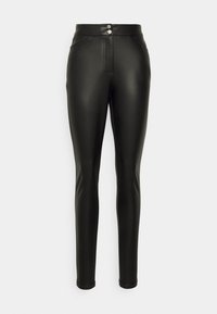 Pantalons en simili cuir noir avec un design épuré et ajusté, deux boutons à la taille et deux poches avant. Texture lisse et longueur cheville.