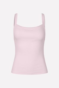 Heledan roosa rööpriba tank-top õhukeste rihmadega, mis on nahasõbralik ja sujuva tekstuuriga, sobib hästi kihitamiseks või igapäevaseks kandmiseks.