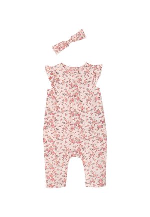 Baby pink floral sleeveless romper with ruffled shoulders and matching floral headband on a white background.
