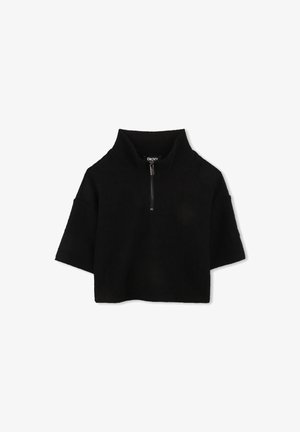 Pull court noir à manches courtes avec un col à demi-fermeture éclair et le logo DKNY sur la tirette.