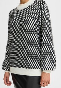 Maglione a righe in bianco e nero con un design geometrico, texture morbida, maniche lunghe e colletto e orlo a coste.