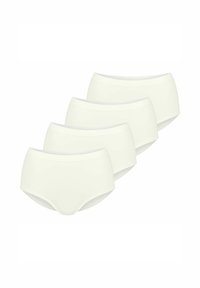 Vier Paare weiße Baumwoll-Hipster-Unterhosen mit glatter Textur, elastischem Bund und vollflächigem Design. Keine sichtbaren Muster oder Beschläge.