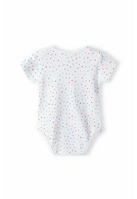 Bodi za bebe s kratkim rukavima od bijelog pamuka s uzorkom malih trokuta u raznim bojama: crvenoj, plavoj, zelenoj i žutoj.