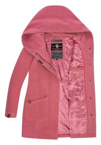 Abrigo rosa con capucha, de textura exterior suave, forro de satén, cierres de presión y un bolsillo delantero. Logo bordado en la capucha.
