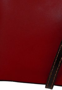 Rode leren tas met een gladde textuur, voorzien van een zwarte riem en contrasterende bruine stiksels langs de randen. Minimalistisch ontwerp.