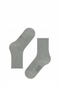 Calze di cotone grigie con una texture liscia, dotate di un bordo a coste e del logo "FALKE ACTIVE BREEZE" sul lato interno. Forma tipica delle calze.