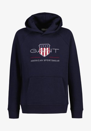 Sweat-shirt à capuche bleu marine en mélange de coton, doté d'une poche kangourou à l'avant, d'un logo brodé avec un blason et de poignets côtelés.