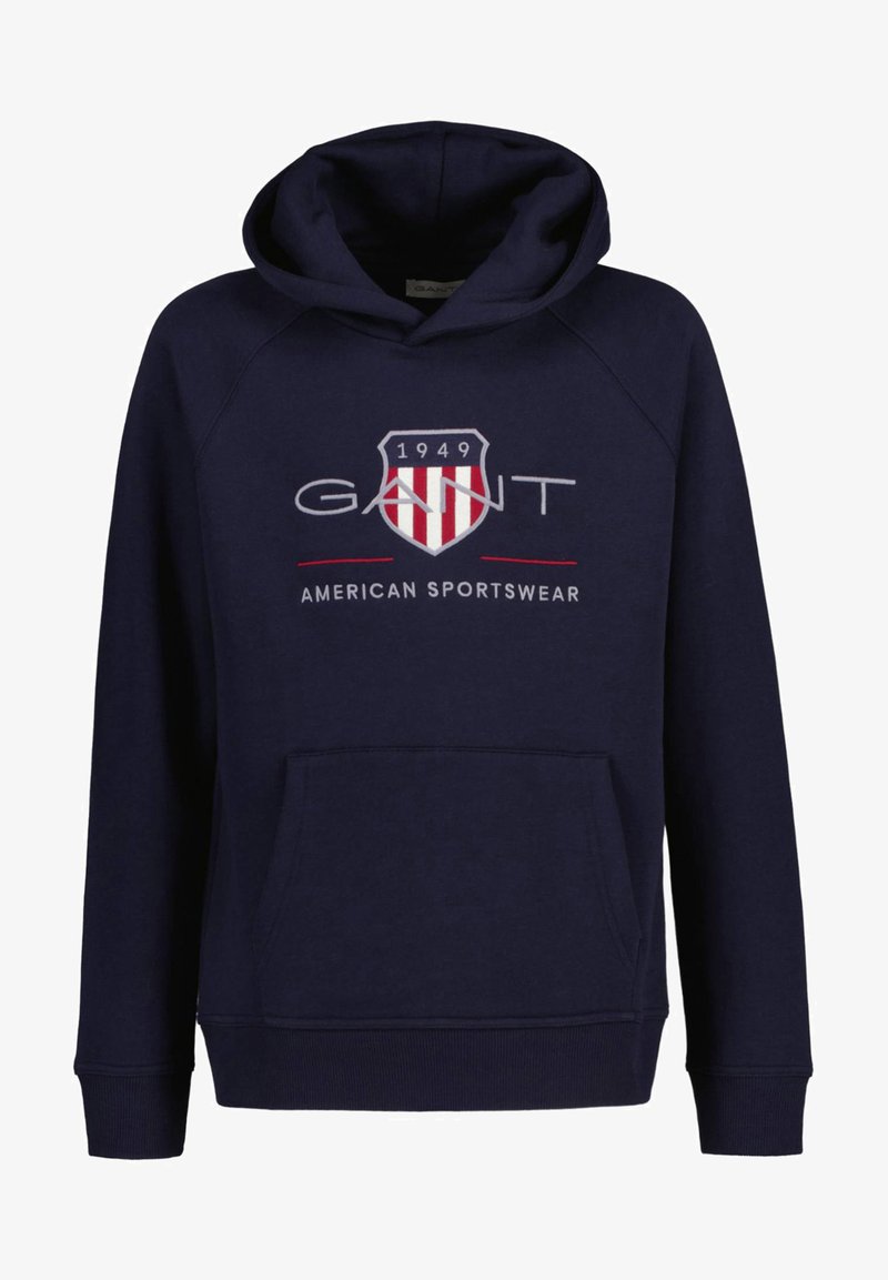 Sweatshirt com capuz azul marinho feito de mistura de algodão, apresentando um bolso canguru frontal, logótipo bordado com escudo e punhos canelados.