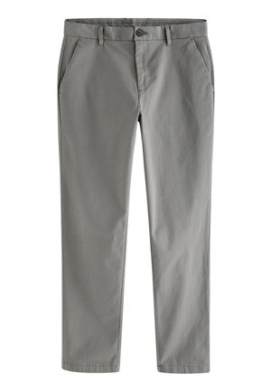 Pantaloni grigi chiari realizzati in tessuto liscio, con un design a gamba dritta, tasche frontali e chiusura con bottone in vita.
