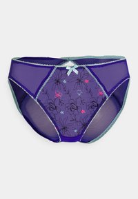 Culotte en mesh violet avec broderie florale en noir et accents colorés, présentant une bordure bleu clair et un petit nœud à la taille.