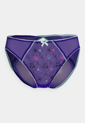 Lilla võrgusilma aluspüksid musta ja värvilise lilleliste tikanditega, kerge sinise ääre ja väikese paelaga vöökoha juures.