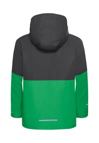 Zadní pohled na kapucňák s tmavě šedou horní polovinou a jasně zelenou dolní polovinou, s reflexním páskem blízko spodní části.