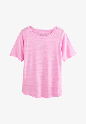 T-shirt rose clair à manches courtes en tissu doux et texturé. Doté d'un col rond et d'un motif à rayures subtil.