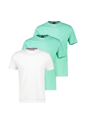 Three plain crew neck t-shirts, two mint green and one white, arranged overlapping on a white background.