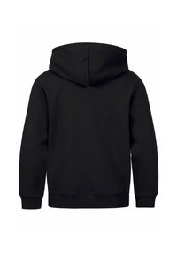 Schwarzer Kapuzenpullover, Rückansicht, mit langen Ärmeln sowie gerippten Bündchen und Saum vor weißem Hintergrund.