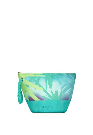 Piccola pochette con cerniera con motivo di foglie tropicali in tonalità verdi e blu, cordoncino turchese e marchio "MEFUI" stampato davanti.