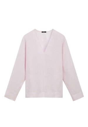 Blusa rosa chiaro a maniche lunghe con scollo a V e polsini semplici, stesa su uno sfondo bianco.
