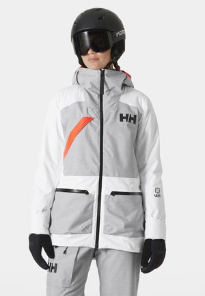 Gray and white waterproof ski jacket with orange accent, zippered pockets, adjustable hood, and logo detailing on the front and sleeve.