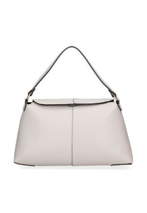 Sac à main en cuir gris clair avec une bandoulière noire unique et un design minimaliste sur fond blanc.