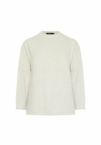 Pull blanc texturé avec des manches longues et un col rond. Le tissu semble doux et pelucheux, sans motifs ni embellissements visibles.