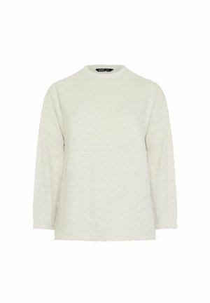 Suéter blanco texturizado con mangas largas y cuello redondo. La tela parece suave y peluda, sin patrones ni adornos visibles.