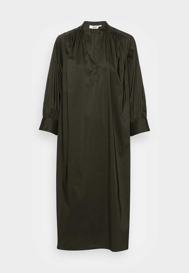 Vestido verde oliva con escote en V, hombros fruncidos y mangas abullonadas de tres cuartos. Fabricado en una tela suave y ligera.