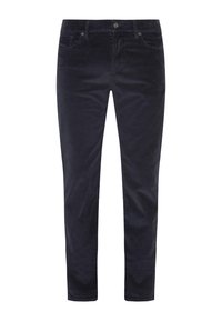 Pantaloni in velluto a coste navy con una vestibilità slim, design a cinque tasche, chiusura con bottone e dettagli in tessuto a coste testurizzato.