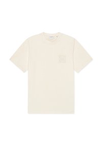 Βαμβακερό μπλουζάκι σε κρεμ απόχρωση με κοντά μανίκια, στρογγυλή λαιμόκοψη και διακριτική λεπτομέρεια με γραφικό μοτίβο στο στήθος.