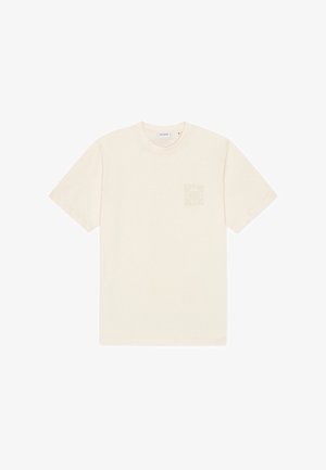 Béžové bavlněné tričko s krátkými rukávy, kulatým výstřihem a jemným grafickým vzorem na hrudi.