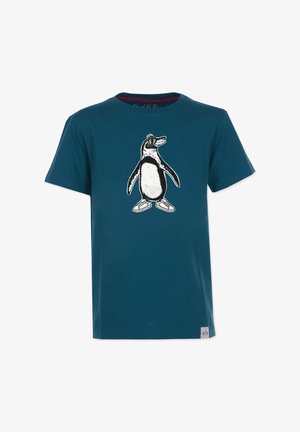 Teal cotton t-shirt featuring a graphic of a penguin in sunglasses, with white accents and a soft texture. Includes a small logo patch.